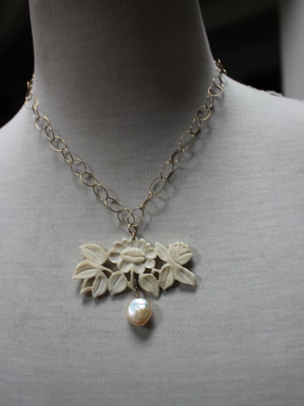 Vintage Bovine Bone Carved Floral Necklace Gold Chain Freshwater Pearl Drop